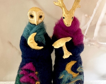 Celestial owl and deer spirit clay and wool figurine, Halloween decor, winter solstice, mantel decor, witchy decor, whymsical woodland decor