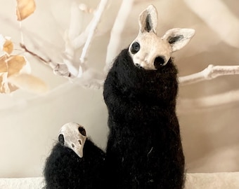 Whimsigoth Vintage Halloween bat and crow friends wool and clay figurines,farmhouse Halloween decor, vintage bats, folk art, fall decor