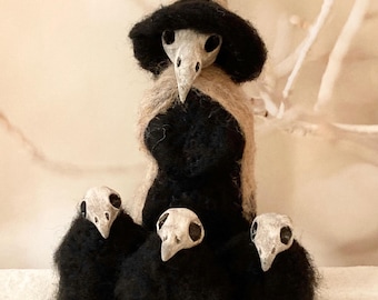 Mama Crow the Sorceress and her baby crows clay and wool figurines, Halloween decor, gothic altar, mantel decor, witch, rustic, fall decor