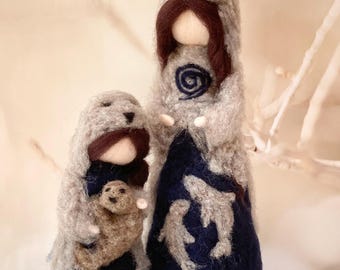 Mother Selkie and her child figurines, Celtic mythology, Scottish folklore, ocean decoration, altar,pagan mantel decor,guardian of the sea