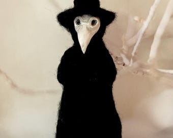Gothic Plague Doctor clay and wool figurine, Halloween decor,dark macabre gothic decor, mantel decor, book nook, dark academia