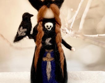 Celtic goddess The Morrigan wool figurine with her crow, Celtic Halloween decoration, Samhain decoration, skull, Halloween decor, witch