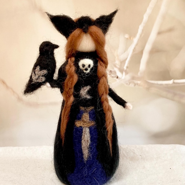 Celtic goddess The Morrigan wool figurine with her crow, Celtic Halloween decoration, Samhain decoration, skull, Halloween decor, witch