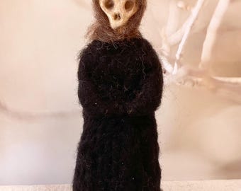 Ancient guardian of the Forest,the bone witch clay and wool figurine, Halloween decor, fall nature, mantel decor, witch, skull, altar