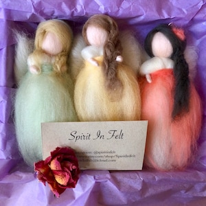 Three Needle Felted Angels/Fairies - Green/yellow/red ornaments, Christmas, comfort, protection, grieving, waldorf inspired