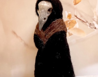Ancient guardian of the Forest,the crow witch clay and wool figurine, Halloween decor, fall nature, mantel decor, witch, goddess, altar