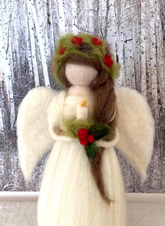 Needle Felt Holly Angel With a Candle Tree Topper, Waldorf