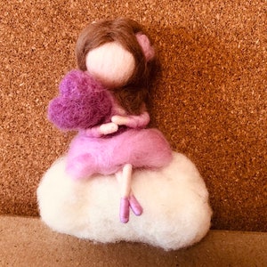 Needle felt valentine girl on a cloud with a heart, waldorf inspired, 100% wool, figurine, home decor, valentine gift