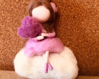 Needle felt valentine girl on a cloud with a heart, waldorf inspired, 100% wool, figurine, home decor, valentine gift