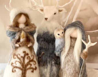 A Mystical Celtic winter scene, Cailleach, white stag and Elen of the way figurines, winter solstice decor, Christmas decor,  mantel, altar
