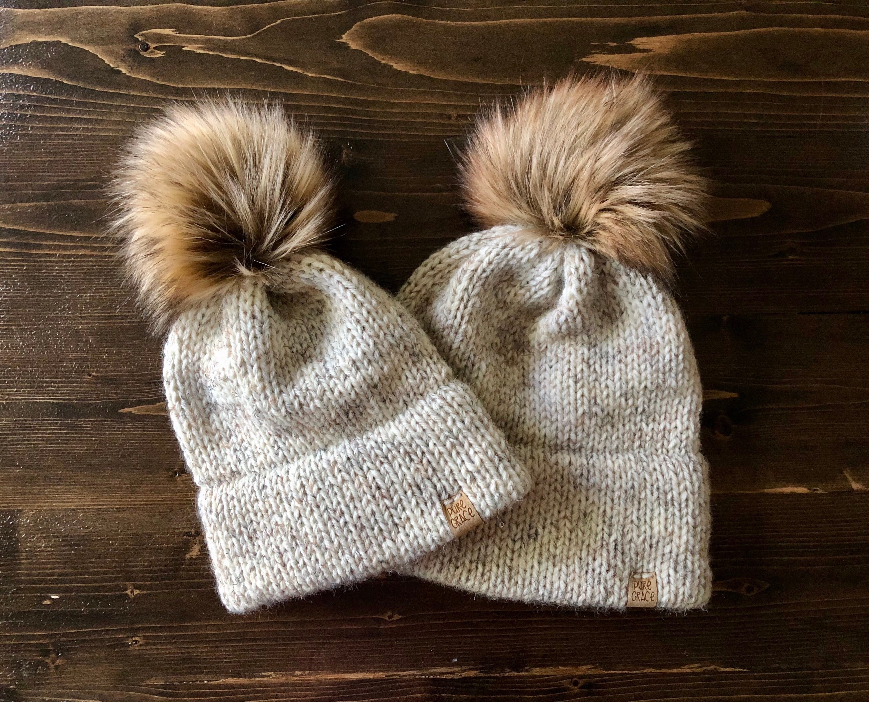 Mommy and Me Knit Beanie Set: Double Brim, Faux Fur Pom - Etsy