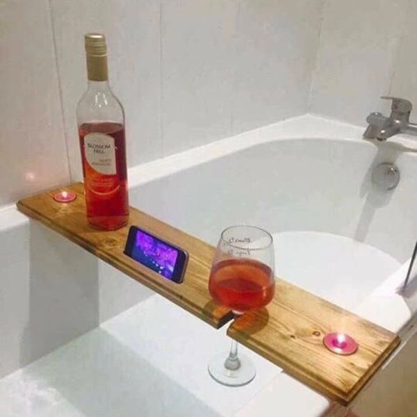 Bathtub Shelf Accessory Holder: Hand Crafted Wooden Design for Your Wine Glass , Cell Phone, Etc