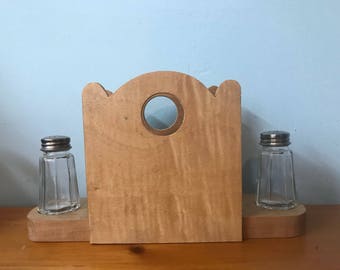Unique Crafted Wood Napkin Holder With Salt & Pepper Shakers