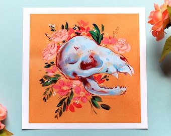 Floral Vampire Bat Skull Art Print // Colorful and Unique Wall Decor in Square Format
