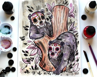 Sugarskull Black Bears - Original Ink and Watercolor Painting // Animals with Halloween Masks Illustration