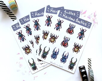 Rainbow Beetle Sticker Sheet, Kiss-Cut // Unique and Colorful Insect Illustration, Bug Art