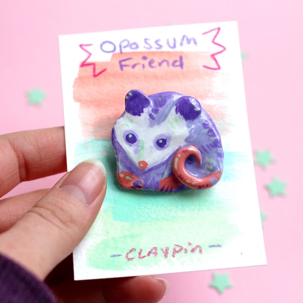 Purple Opossum Pin - Handmade, Hand-Painted Polymer Clay Animal Pin - Cute Pastel Forest Friend