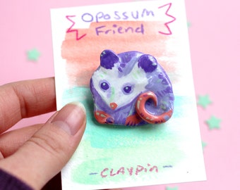 Purple Opossum Pin - Handmade, Hand-Painted Polymer Clay Animal Pin - Cute Pastel Forest Friend