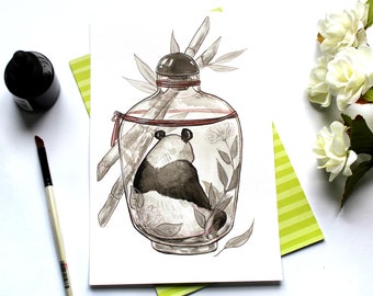 Panda in Glass Bottle, Ink Painting // Original Inktober Animal Illustration