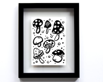 Black and White Mushroom Design Print - Quirky Printable Wall Art with Polka Dots