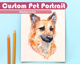 Peut inclure: Peinture à l'aquarelle d'une tête de chien. Le chien a un pelage brun et blanc et regarde sur le côté. La peinture est sur un fond blanc avec les mots "Custom Pet Portrait Watercolor" en haut.