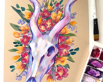 Colorful Antelope Skull Painting with Flowers - Original Gouache Kudu Illustration