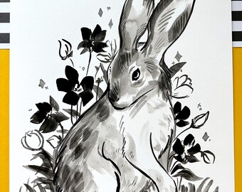 Monochrome Rabbit with Flowers Painting - Original Ink Illustration