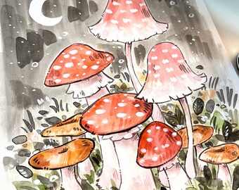 Pretty Moonlit Mushrooms - Original Watercolor and Ink Illustration