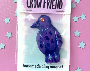 Handmade Crow Magnet - Hand Painted Colorful Polymer Bird Decoration