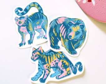 Candy Colored Waterproof Vinyl Stickers - Ocelots, Lemurs, and Bears! - Available in Matte, Glossy, and Holographic Finishes