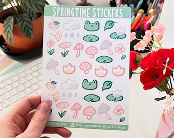 Spring Theme Sticker Set – Pastel Planner Stickers, Frogs and Flowers