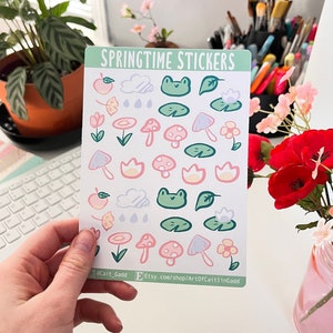 Lente Thema Stickerset voor Planners en Tijdschriften - Leuke Mini Kiss Cut Paper stickers // Bloemen, Bladeren, Kikkers, Paddestoelen