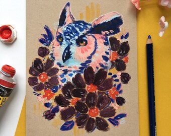 Floral Owl Portrait - Original Stylized Wildlife Illustration; Colorful Acrylic on Paper