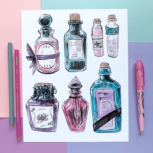 Pastel Potion Bottle Print - Printable Inktober Apothecary Illustration for Instant Download