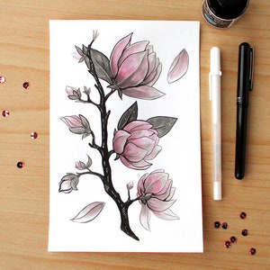 Ink Flower Paintings, Inktober Original Stylized Floral Illustrations Magnolia