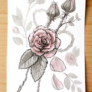 Ink Flower Paintings, Inktober Original Stylized Floral Illustrations Rose