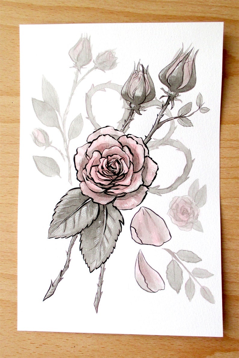 Ink Flower Paintings, Inktober Original Stylized Floral Illustrations Rose