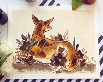 Autumn Deer Sitting in Fall Colored Leaves and Flowers, Original Ink Painting // Inktober Animal Illustration, Fall Vibes