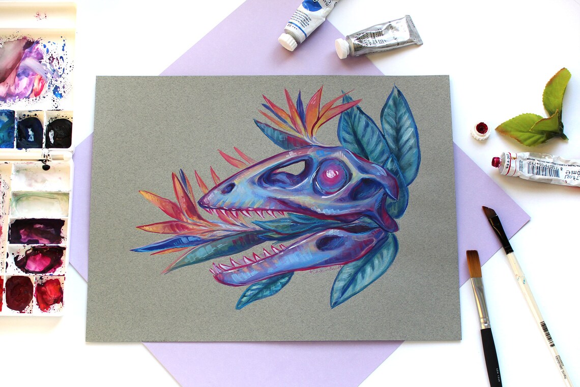 Rainbow Raptor Skull Original Gouache Painting Dinosaur - Etsy