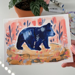 Blue Bear Art Print, Whimsical Acrylic Illustration, Woodland Wall Art
