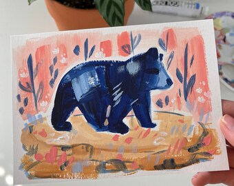 Blue Bear Art Print // Whimsical Forest Animal Illustration with Acrylic Brushstroke Textures, Woodland Wildlife Wall Art