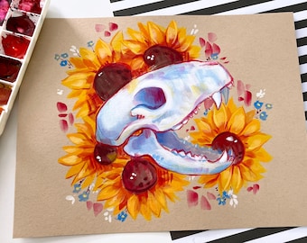Raccoon Skull with Sunflowers - Original Hand-Painted Gouache Illustration
