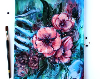 Pink Flowers and Foliage with Bones, Original Acrylic on Canvas // Colorful Dark Floral Wall Art