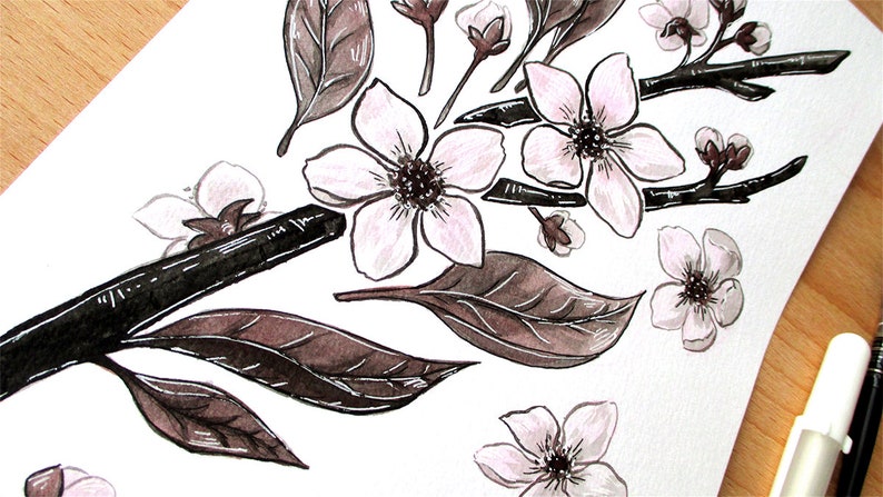 Ink Flower Paintings, Inktober Original Stylized Floral Illustrations image 4