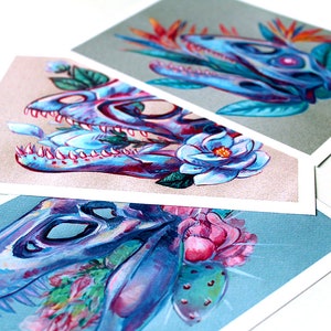 Dinosaur Skulls with Flowers, Set of 3 Art Prints // Dino Print Pack Includes T-rex, Raptor, and Dilophosaurus Art
