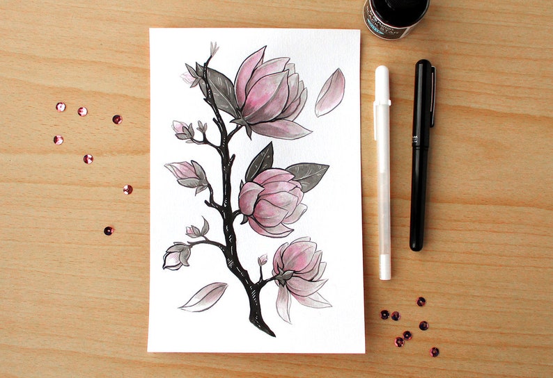 Ink Flower Paintings, Inktober Original Stylized Floral Illustrations Magnolia