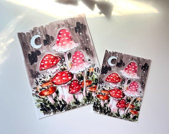 Magical Moonlit Mushrooms Art Print - Reproduction of Original Watercolor and Ink Illustration