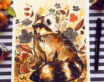 Fall Raccoon with Skull and Flowers, Original Inktober Illustration // Autumn Colored Ink Painting