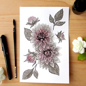 Ink Flower Paintings, Inktober Original Stylized Floral Illustrations Dahlia