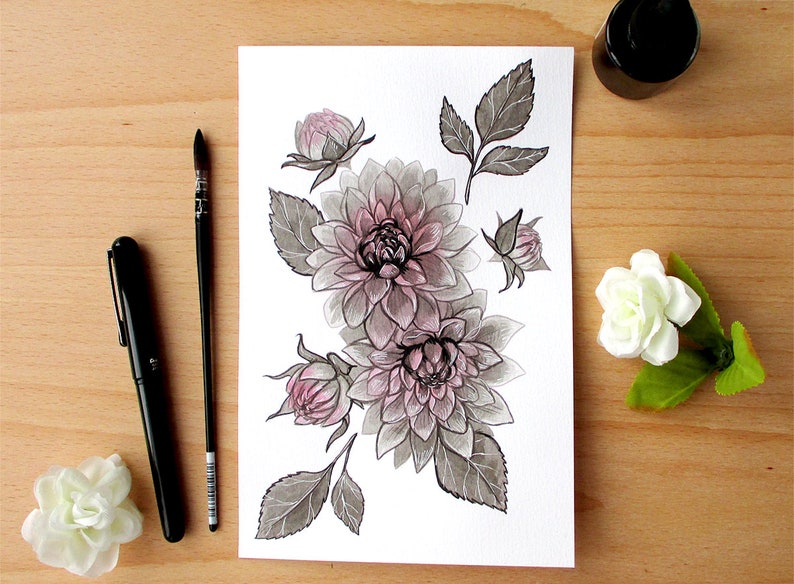 Ink Flower Paintings, Inktober Original Stylized Floral Illustrations Dahlia